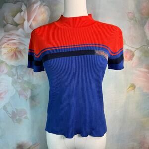 Vintage 90s Y2K Plugg Red & Blue Striped Ribbed Mock Neck Shirt